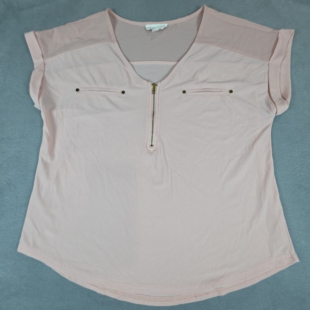 The Workshop Pink Zip Front Blouse Womens Large Cap Sleeve Career Top